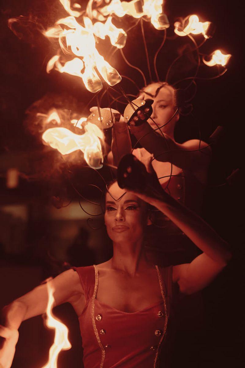 Performance artist during a large-scale event production in Ibiza